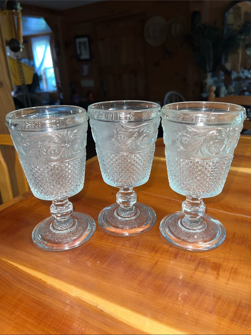 Vintage Embossed Glass Goblets - Set of 3 American Provincial Sandwich Pattern